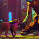 A cat walks up to a robot in Stray.
